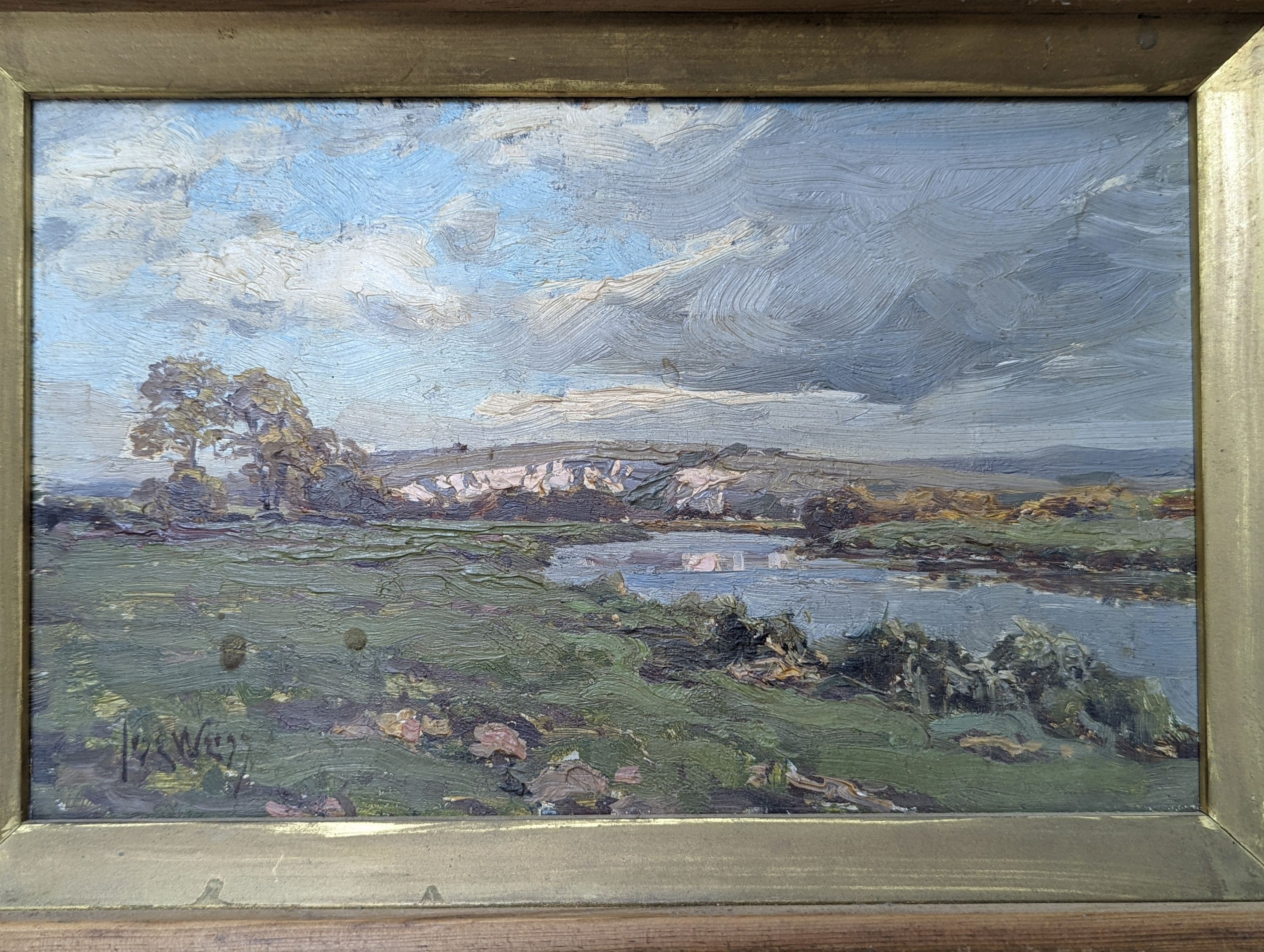José Weiss (1859-1919), oil on wooden panel, Landscape near Lewes, signed, 16 x 27cm and a small oil river landscape by another hand, 25 x 29cm